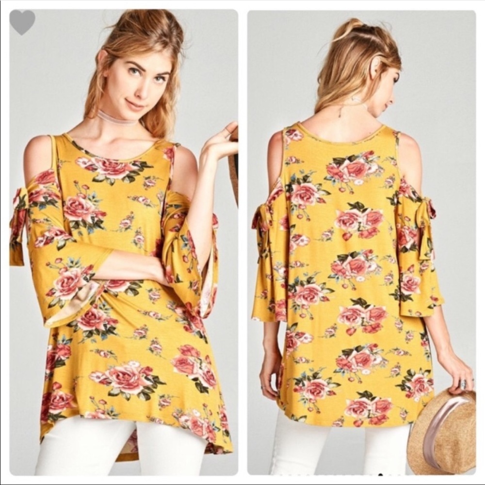 Cold Shoulder Yellow Floral Tunic Top 3/4 length Sleeves